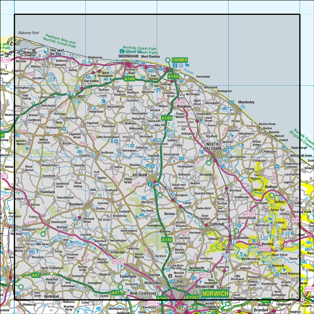 Outdoor Map Navigator image showing the area of the 1:50,000 scale Ordnance Survey Landranger map 133 North East Norfolk Cromer & Wroxham