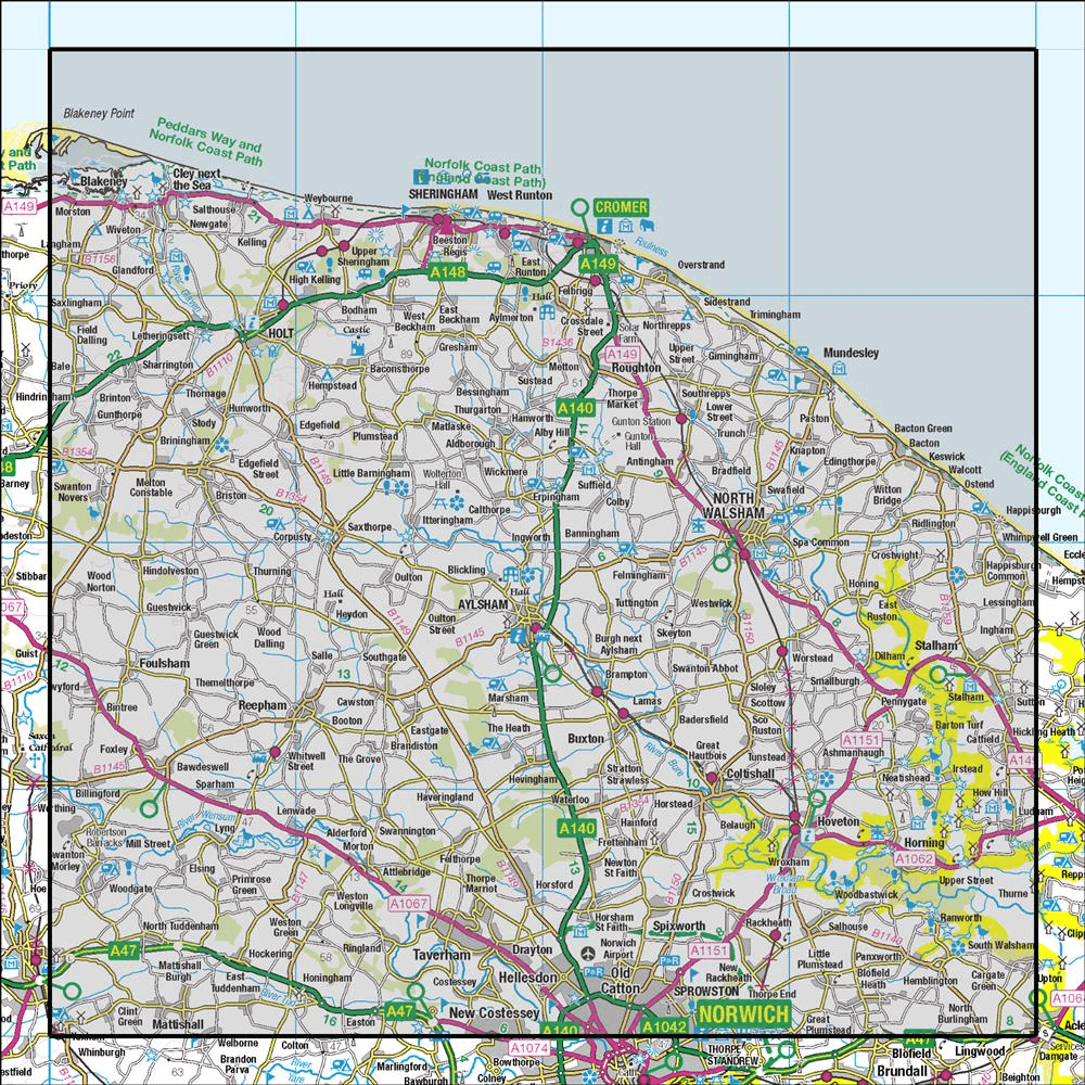 Outdoor Map Navigator image showing the area of the 1:50,000 scale Ordnance Survey Landranger map 133 North East Norfolk Cromer & Wroxham