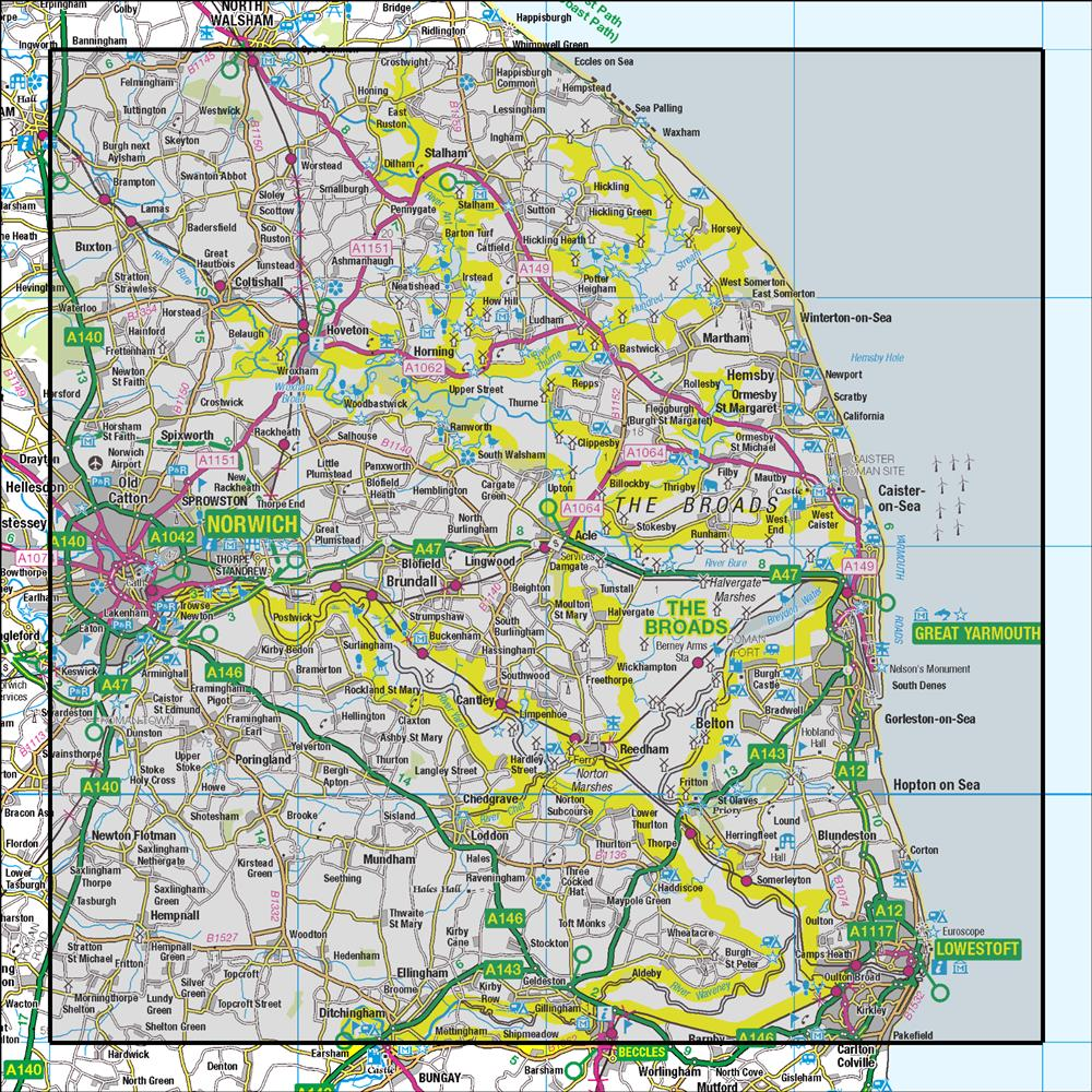 Outdoor Map Navigator image showing the area of the 1:50,000 scale Ordnance Survey Landranger map 134  Norwich & The Broads Great Yarmouth