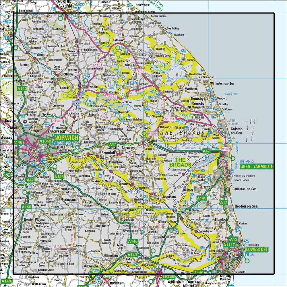 Outdoor Map Navigator image showing the area of the 1:50,000 scale Ordnance Survey Landranger map 134 Norwich & The Broads Great Yarmouth
