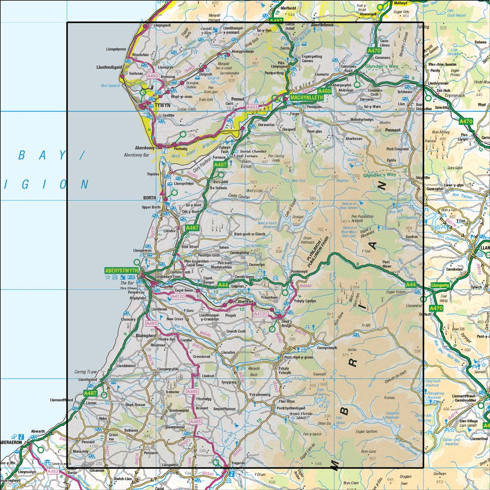 Outdoor Map Navigator image showing the area of the 1:50,000 scale Ordnance Survey Landranger map 135 Aberystwyth & Machynlleth