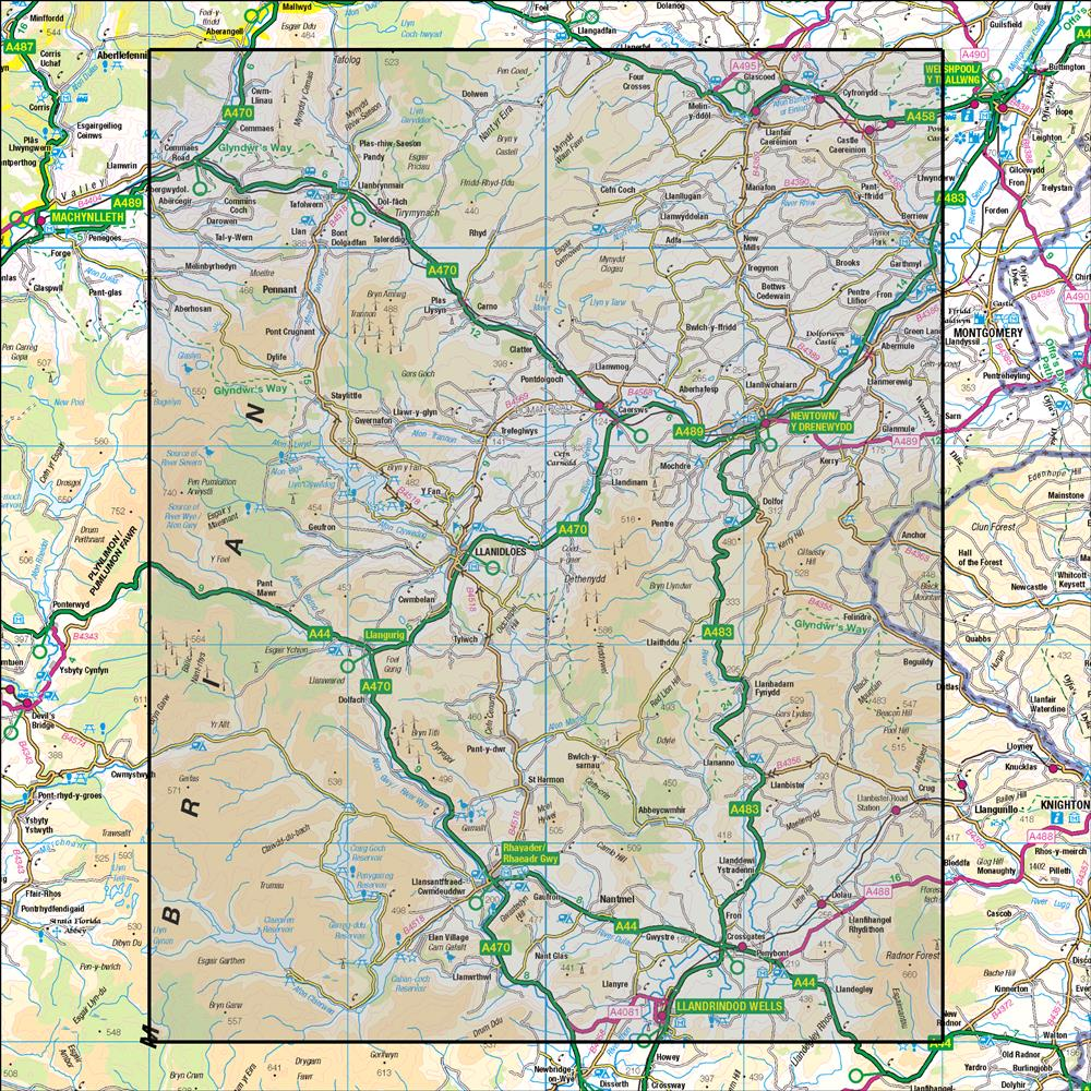 Outdoor Map Navigator image showing the area of the 1:50,000 scale Ordnance Survey Landranger map 136 Newtown & Llanidloes