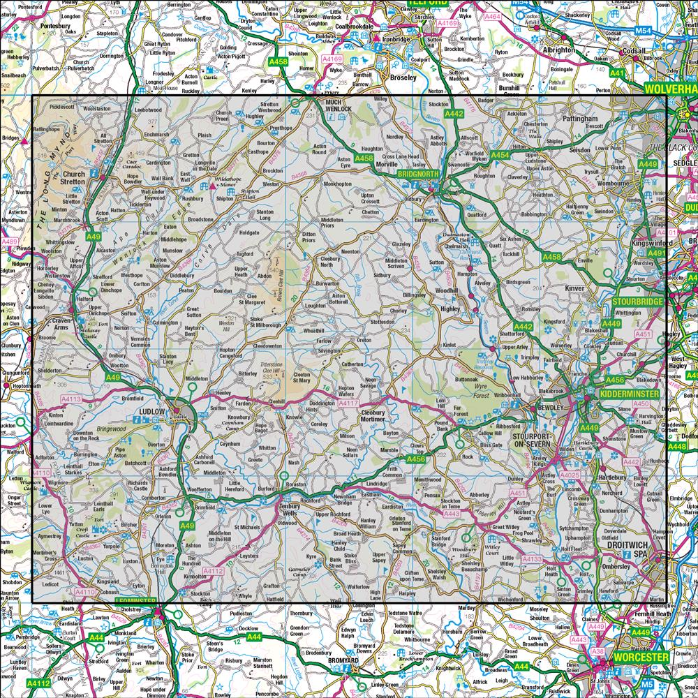 Outdoor Map Navigator image showing the area of the 1:50,000 scale Ordnance Survey Landranger map 138 Kidderminster & Wyre Forest