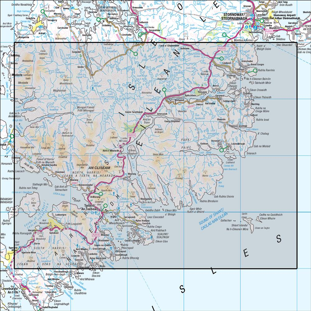 Outdoor Map Navigator image showing the area of the 1:50,000 scale Ordnance Survey Landranger map 14 Tarbert & Loch Seaforth