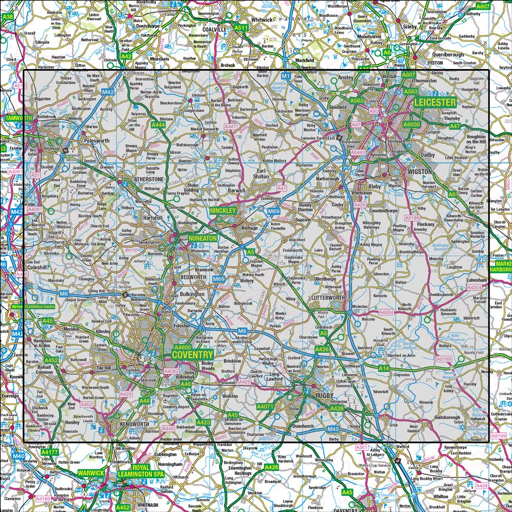 Outdoor Map Navigator image showing the area of the 1:50,000 scale Ordnance Survey Landranger map 140 Leicester Coventry & Rugby