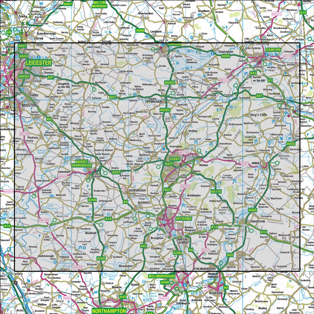 Outdoor Map Navigator image showing the area of the 1:50,000 scale Ordnance Survey Landranger map 141 Kettering & Corby Market Harborough & Stamford