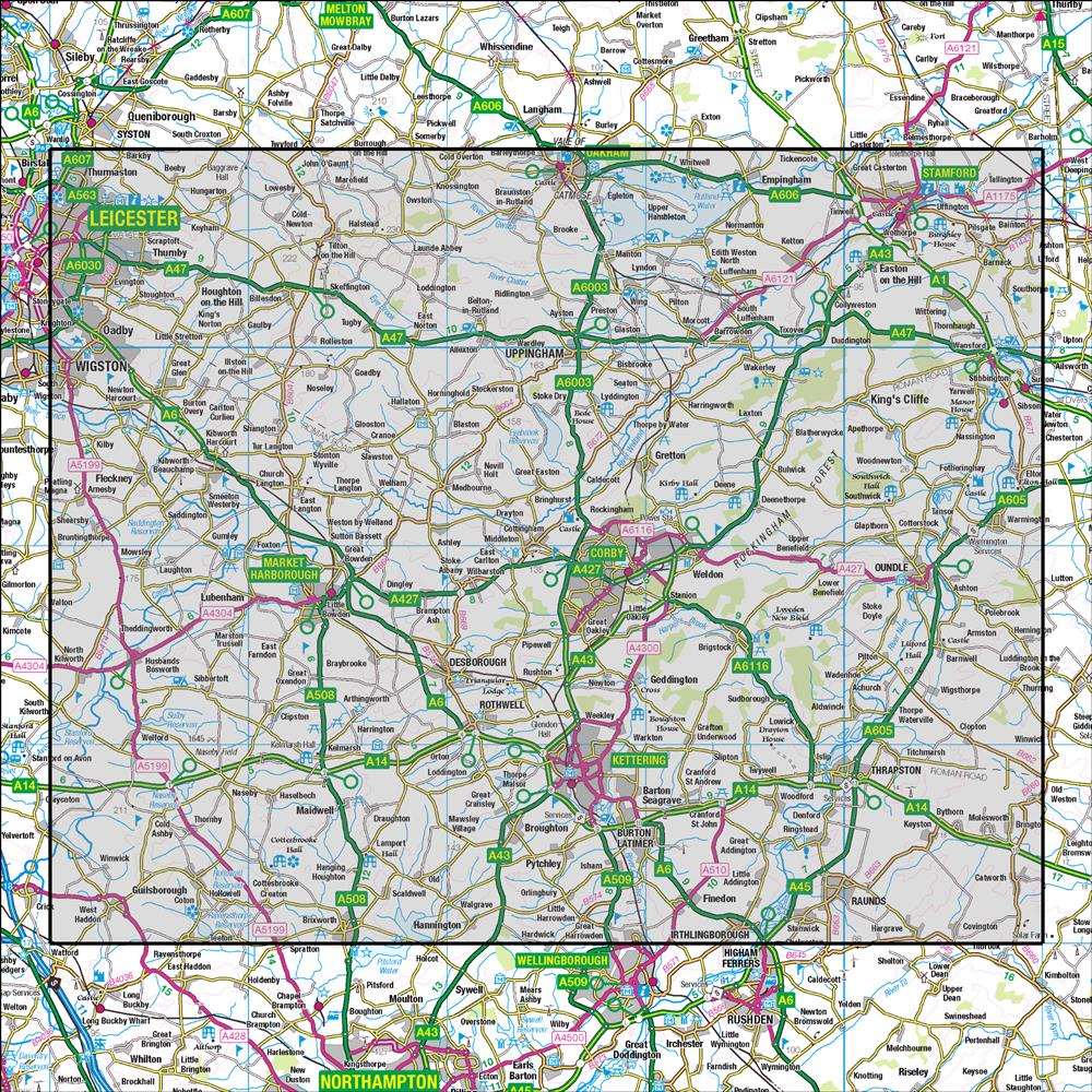 Outdoor Map Navigator image showing the area of the 1:50,000 scale Ordnance Survey Landranger map 141 Kettering & Corby Market Harborough & Stamford