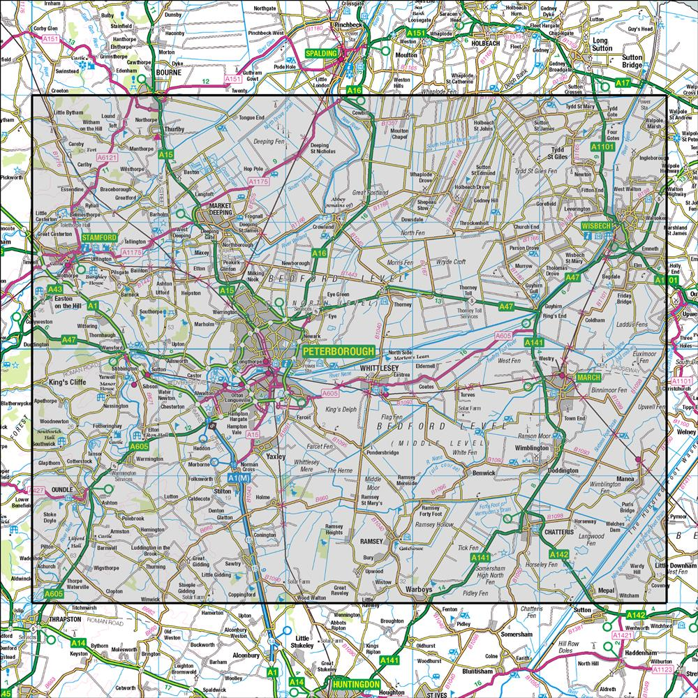 Outdoor Map Navigator image showing the area of the 1:50,000 scale Ordnance Survey Landranger map 142 Peterborough Market Deeping & Chatteris
