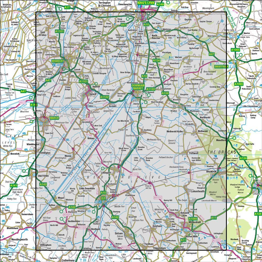 Outdoor Map Navigator image showing the area of the 1:50,000 scale Ordnance Survey Landranger map 143 Ely & Wisbech Downham Market