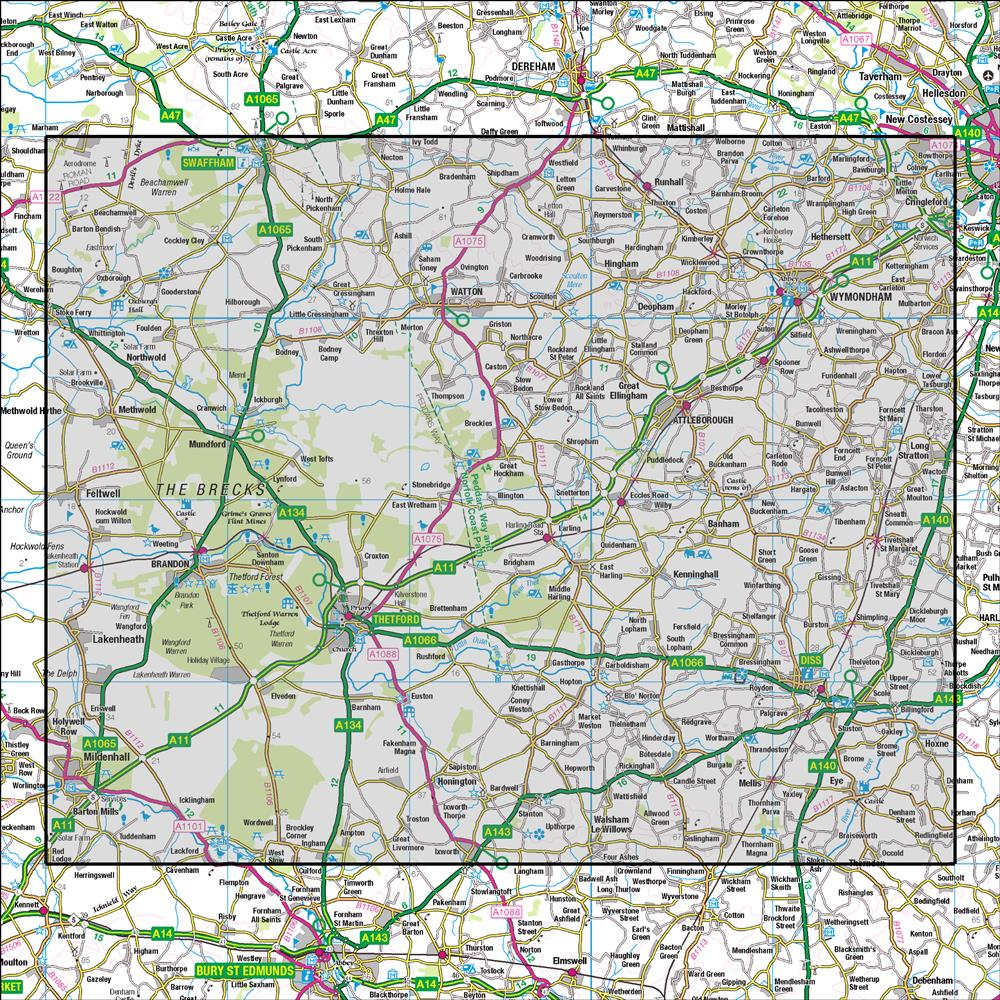 Outdoor Map Navigator image showing the area of the 1:50,000 scale Ordnance Survey Landranger map 144 Thetford & Diss Breckland & Wymondham