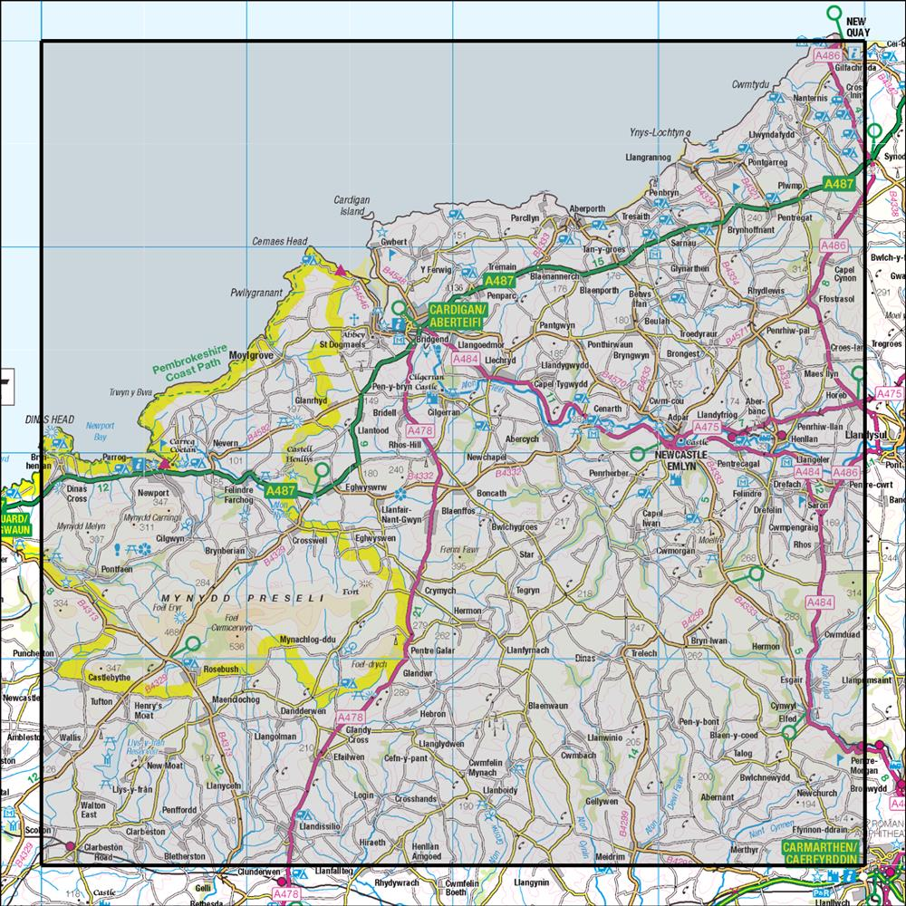 Outdoor Map Navigator image showing the area of the 1:50,000 scale Ordnance Survey Landranger map 145 Cardigan & Mynydd Preseli