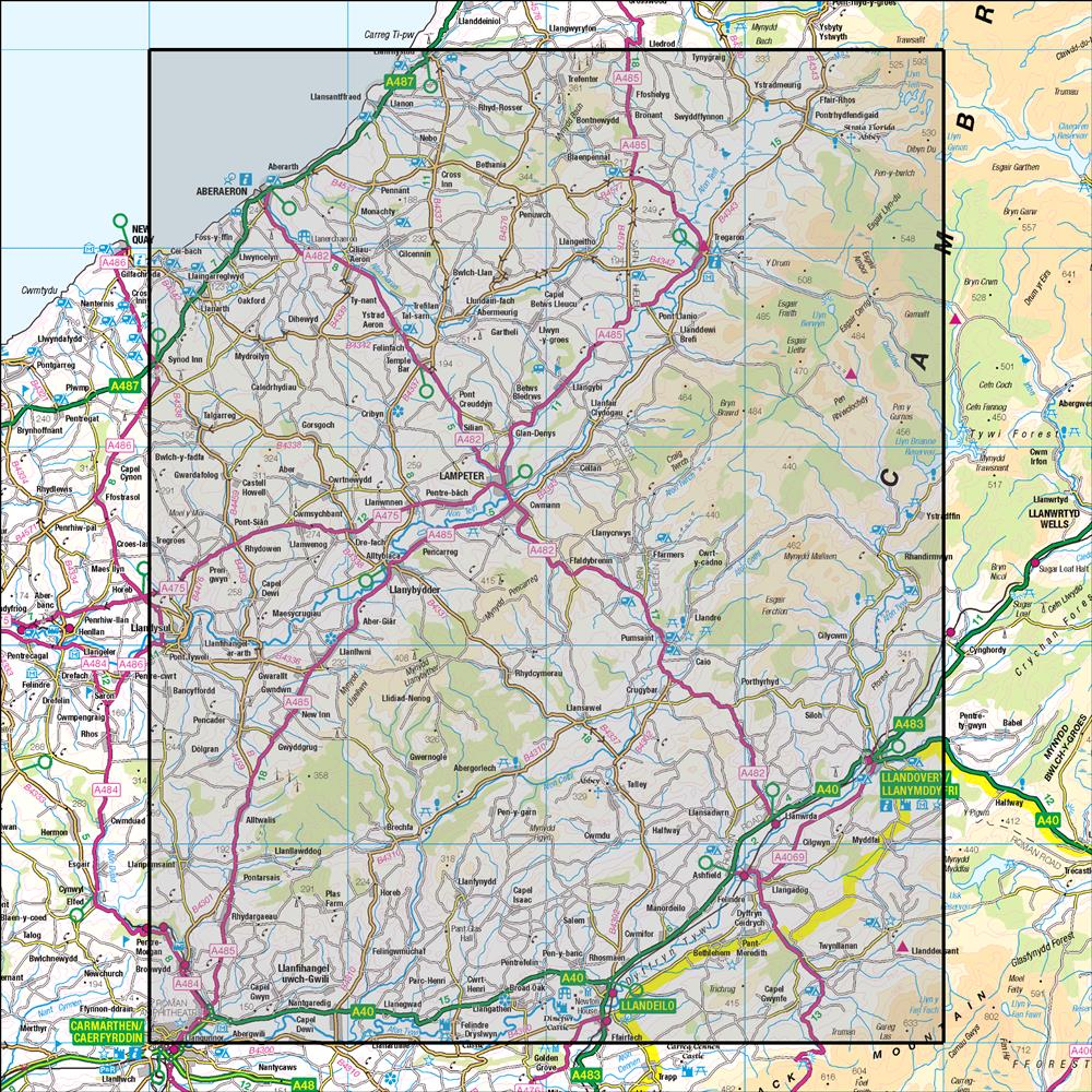 Outdoor Map Navigator image showing the area of the 1:50,000 scale Ordnance Survey Landranger map 146 Lampeter & Llandovery