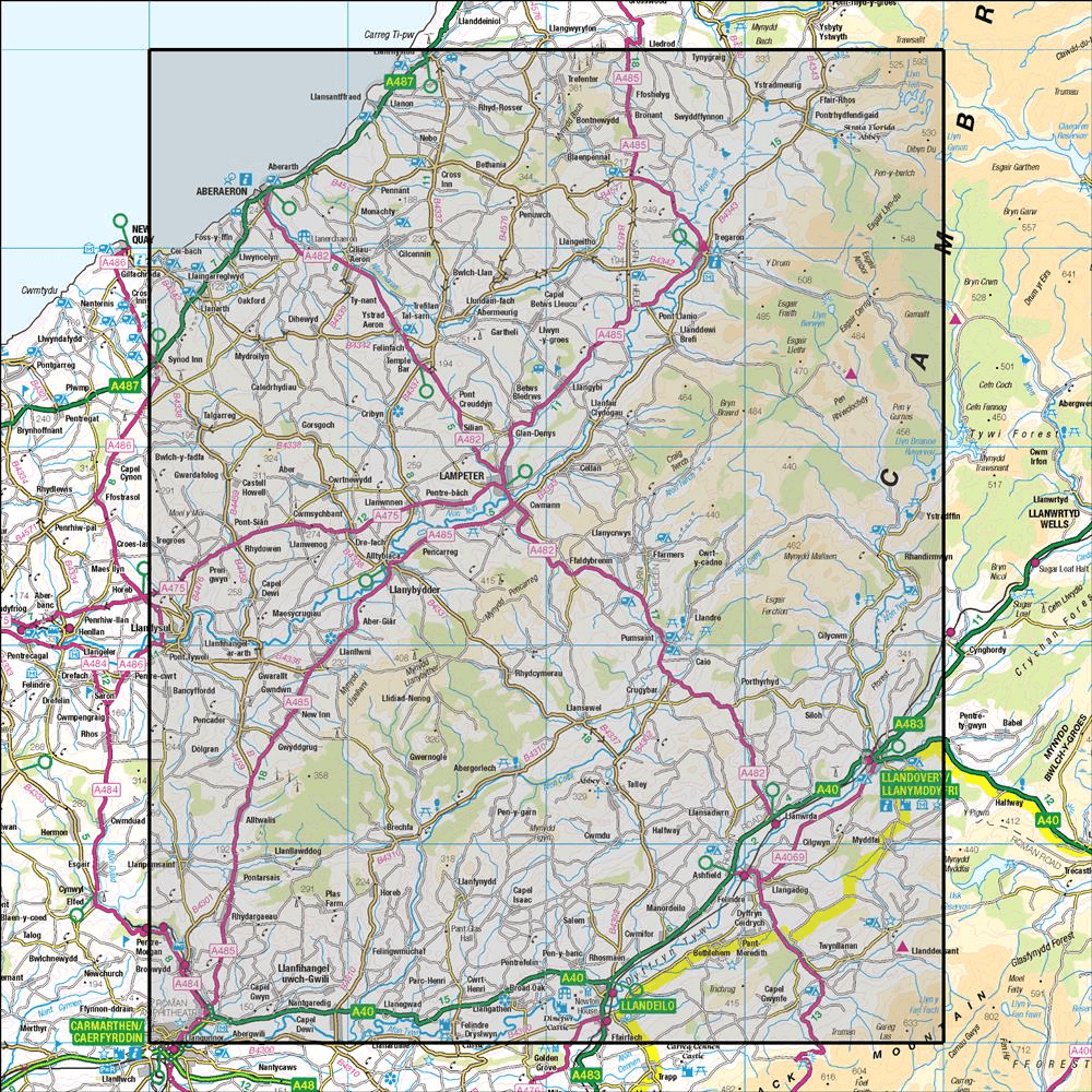 Outdoor Map Navigator image showing the area of the 1:50,000 scale Ordnance Survey Landranger map 146 Lampeter & Llandovery