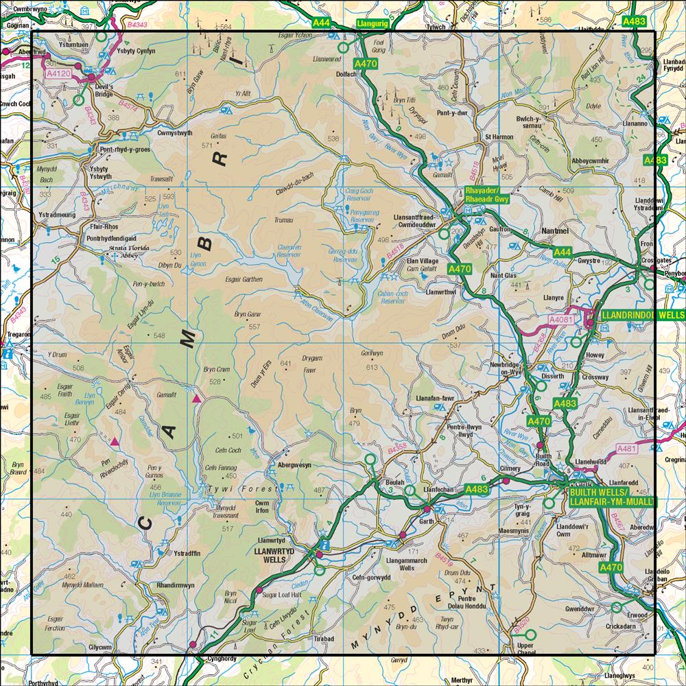 Outdoor Map Navigator image showing the area of the 1:50,000 scale Ordnance Survey Landranger map 147 Elan Valley & Builth Wells