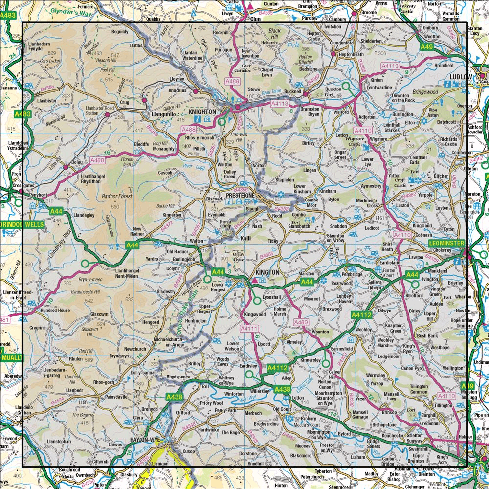 Outdoor Map Navigator image showing the area of the 1:50,000 scale Ordnance Survey Landranger map 148 Presteigne & Hay-on-Wye