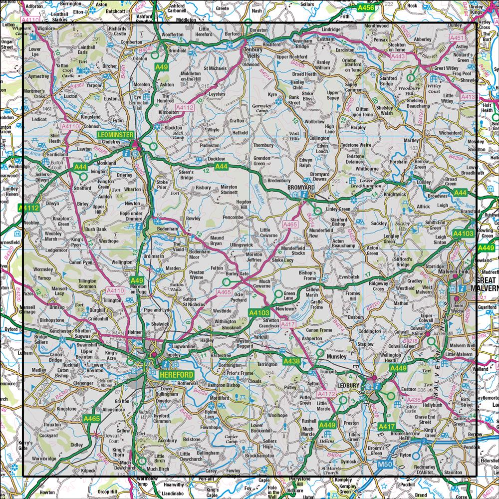Outdoor Map Navigator image showing the area of the 1:50,000 scale Ordnance Survey Landranger map 149 Hereford & Leominster Bromyard & Ledbury