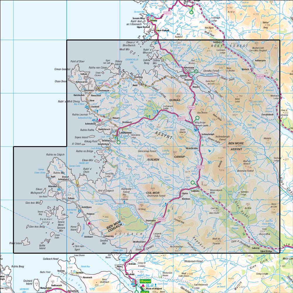 Outdoor Map Navigator image showing the area of the 1:50,000 scale Ordnance Survey Landranger map 15 Loch Assynt Lochinver & Kylesku