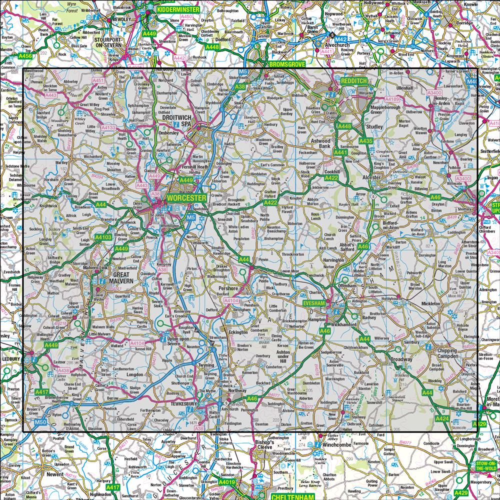 Outdoor Map Navigator image showing the area of the 1:50,000 scale Ordnance Survey Landranger map 150 Worcester & The Malverns Evesham & Tewkesbury