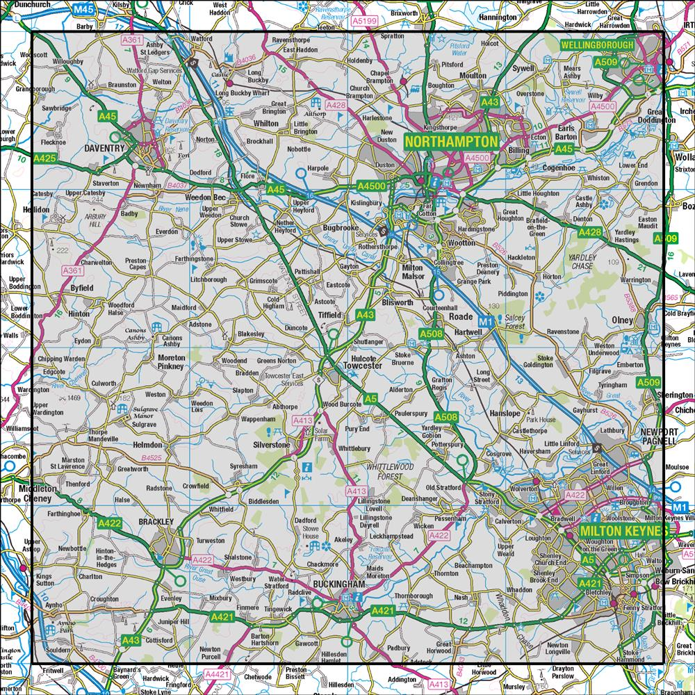 Outdoor Map Navigator image showing the area of the 1:50,000 scale Ordnance Survey Landranger map 152 Northampton & Milton Keynes Buckingham & Daventry