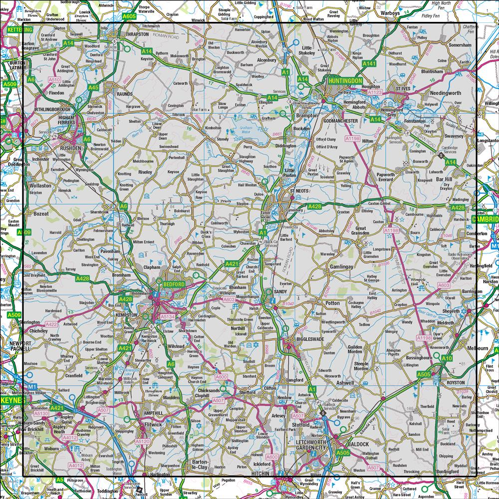 Outdoor Map Navigator image showing the area of the 1:50,000 scale Ordnance Survey Landranger map 153 Bedford & Huntingdon St Neots & Biggleswade
