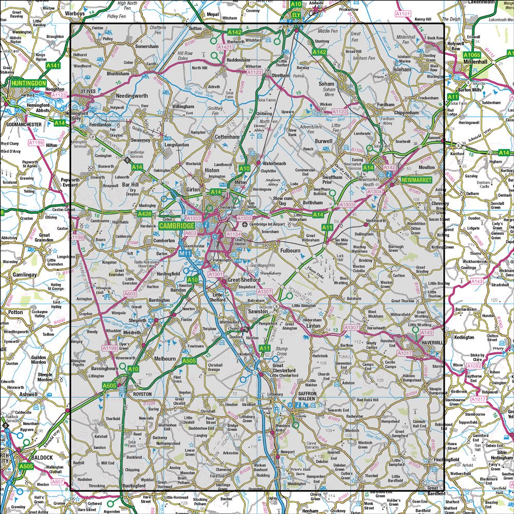 Outdoor Map Navigator image showing the area of the 1:50,000 scale Ordnance Survey Landranger map 154 Cambridge & Newmarket Saffron Walden