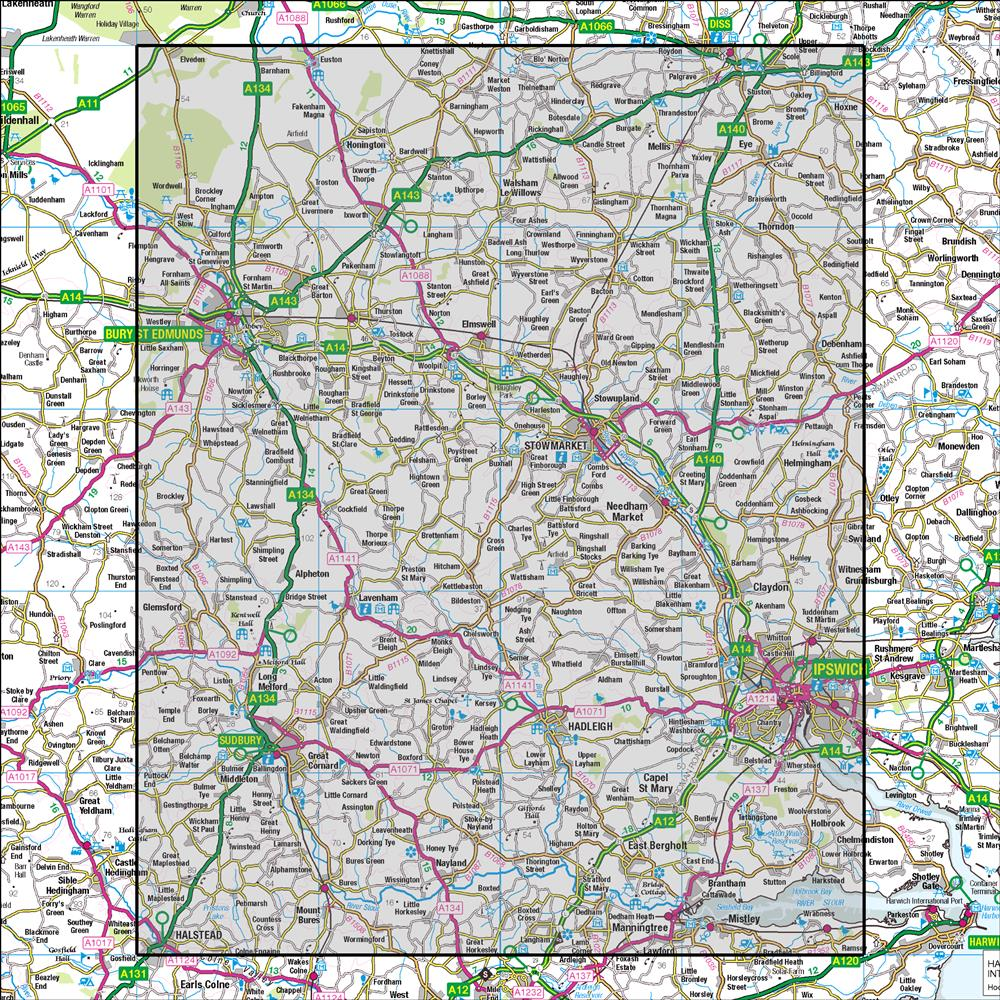 Outdoor Map Navigator image showing the area of the 1:50,000 scale Ordnance Survey Landranger map 155 Bury St Edmunds Sudbury & Stowmarket