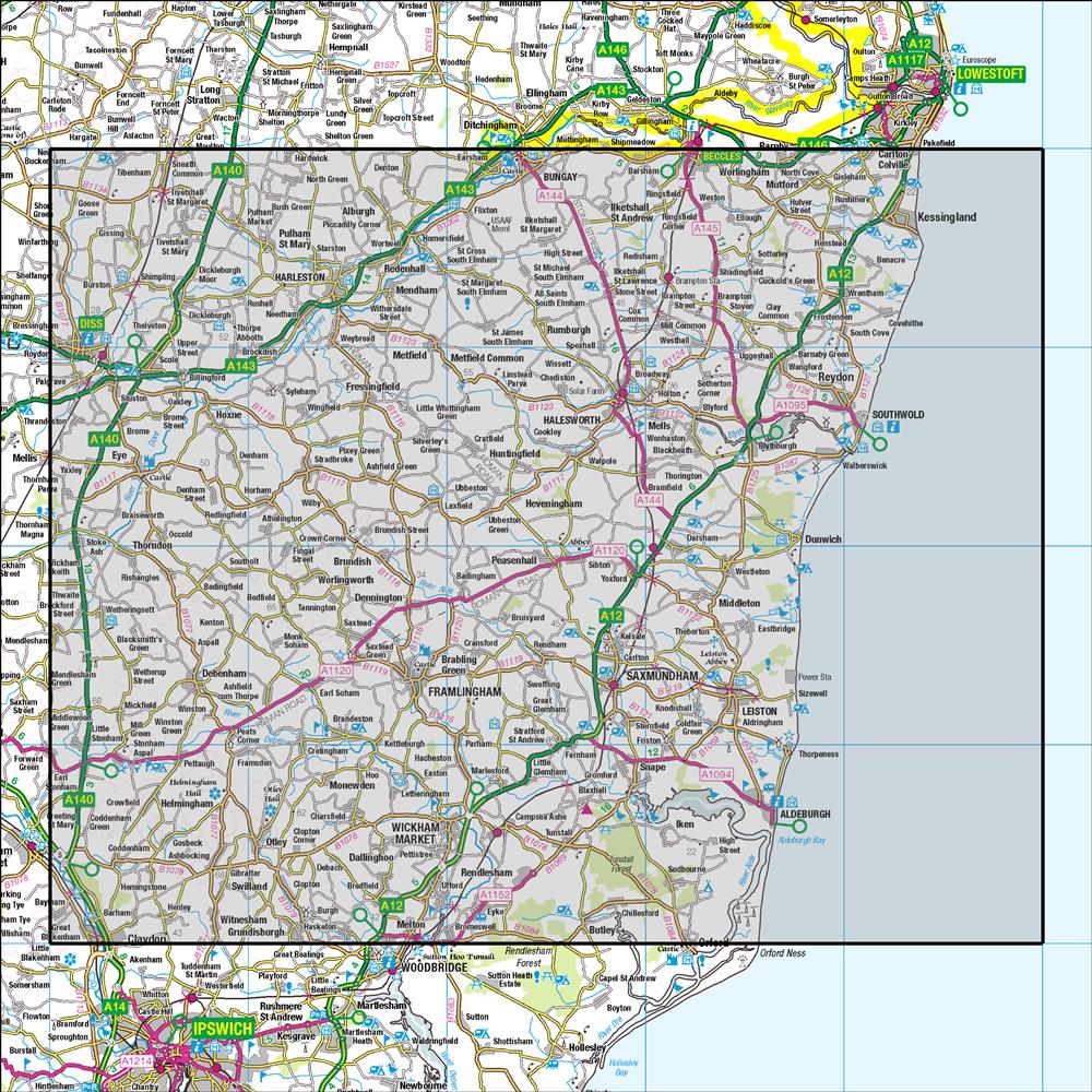 Outdoor Map Navigator image showing the area of the 1:50,000 scale Ordnance Survey Landranger map 156 Saxmundham, Aldeburgh & Southwold