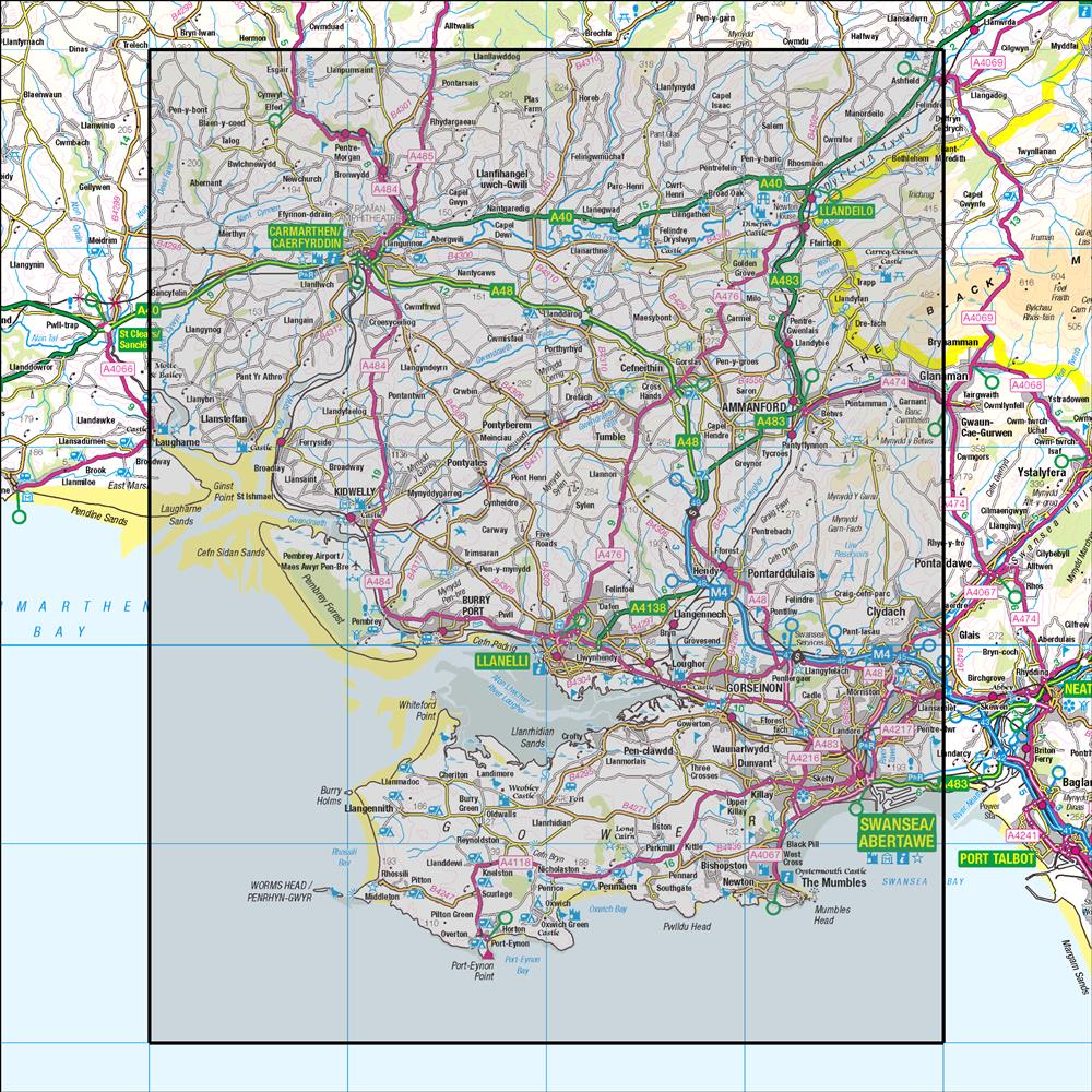 Outdoor Map Navigator image showing the area of the 1:50,000 scale Ordnance Survey Landranger map 159 Swansea & Gower Carmarthen