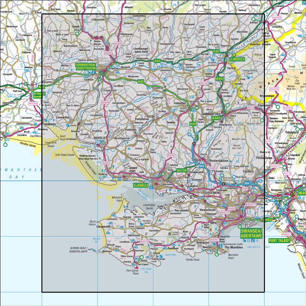 Outdoor Map Navigator image showing the area of the 1:50,000 scale Ordnance Survey Landranger map 159 Swansea & Gower Carmarthen