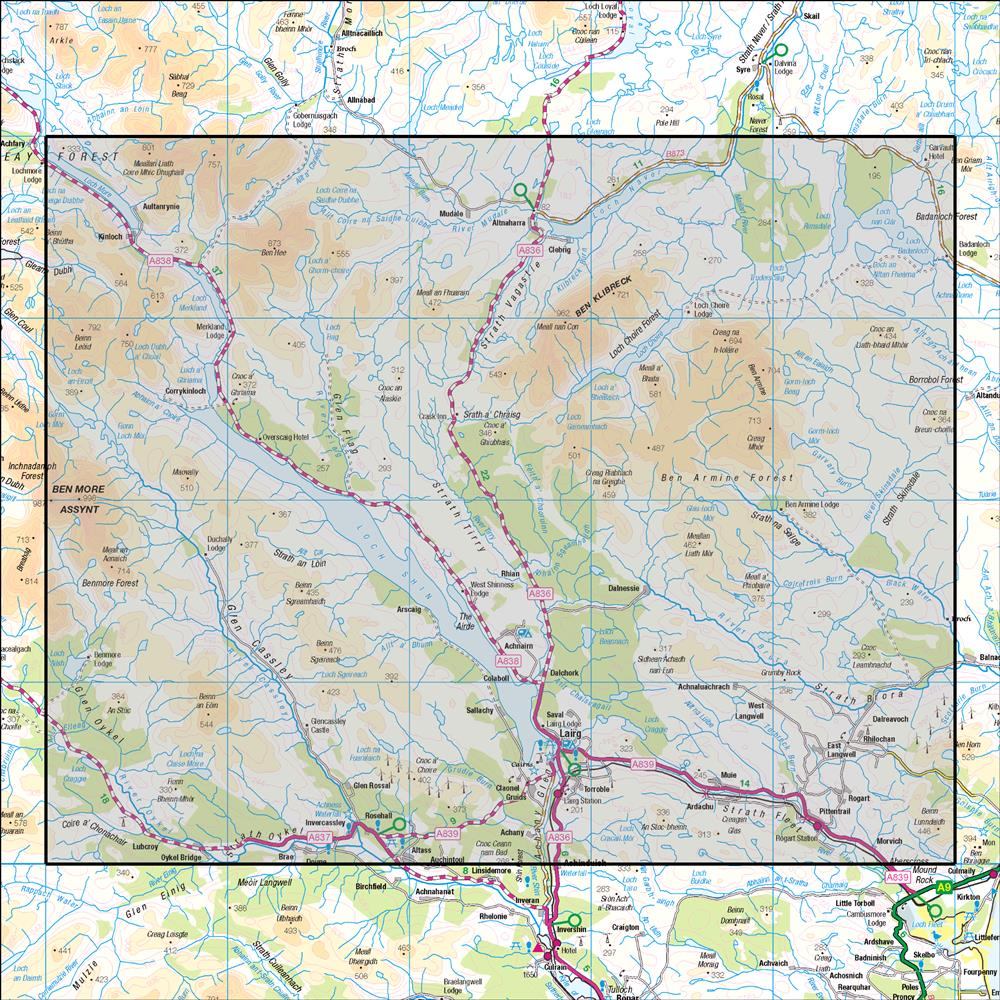 Outdoor Map Navigator image showing the area of the 1:50,000 scale Ordnance Survey Landranger map 16 Lairg & Loch Shin Loch Naver