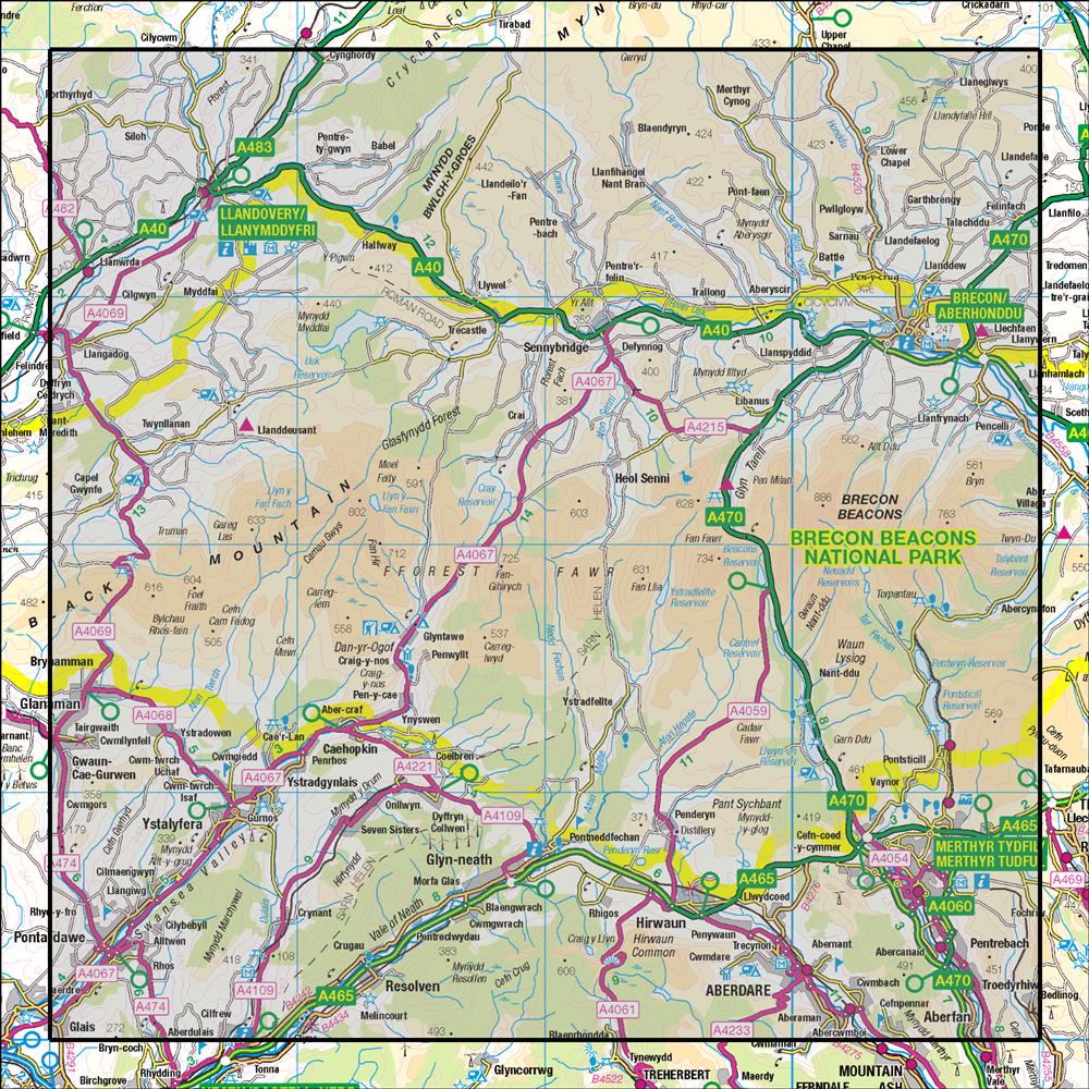 Outdoor Map Navigator image showing the area of the 1:50,000 scale Ordnance Survey Landranger map 160 Brecon Beacons