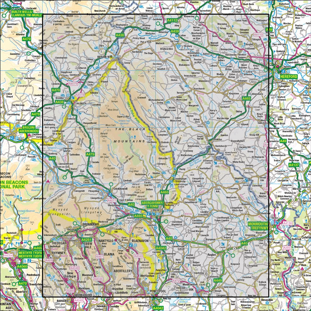 Outdoor Map Navigator image showing the area of the 1:50,000 scale Ordnance Survey Landranger map 161 The Black Mountains Abergavenny