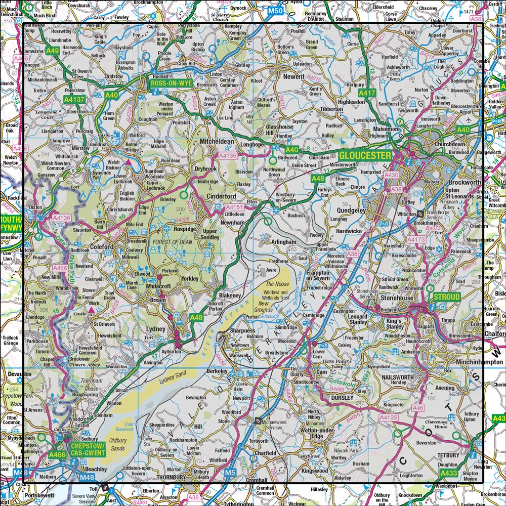 Outdoor Map Navigator image showing the area of the 1:50,000 scale Ordnance Survey Landranger map 162 Gloucester & Forest of Dean