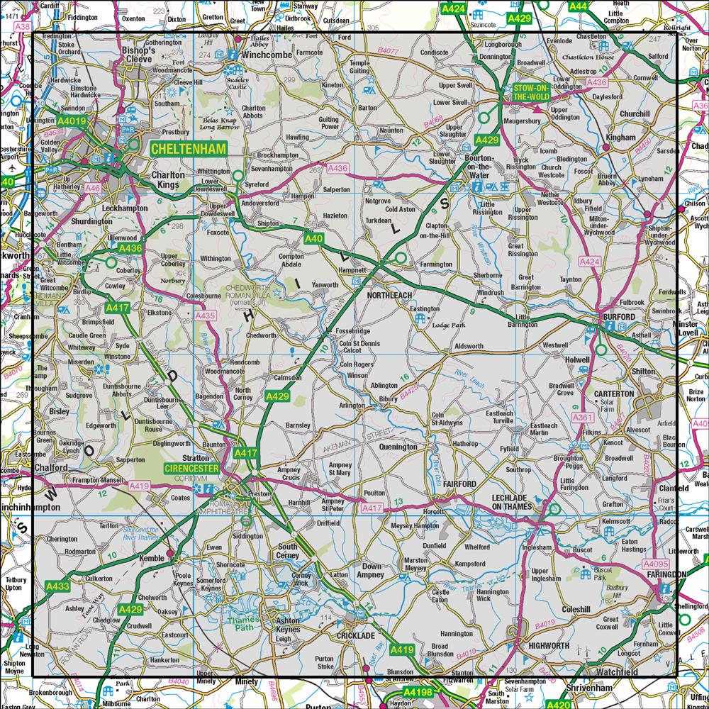 Outdoor Map Navigator image showing the area of the 1:50,000 scale Ordnance Survey Landranger map 163 Cheltenham & Cirencester Stow-on-the-Wold