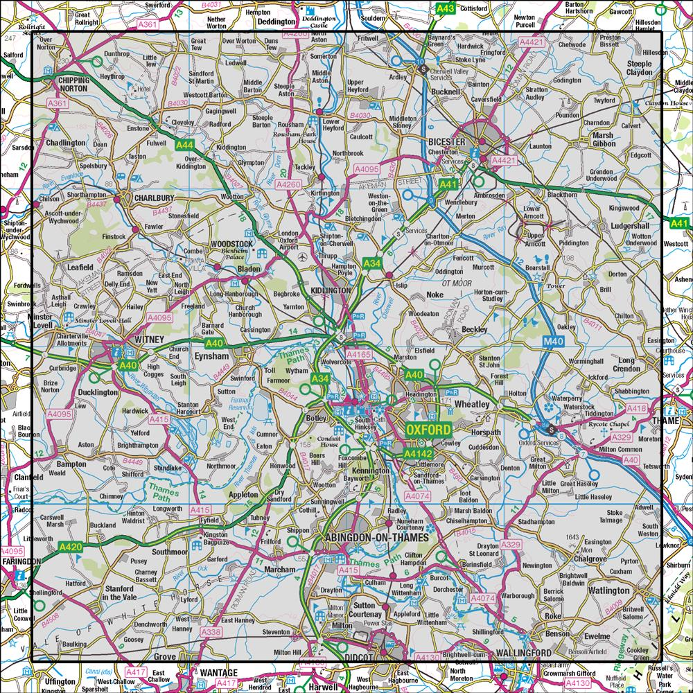 Outdoor Map Navigator image showing the area of the 1:50,000 scale Ordnance Survey Landranger map 164 Oxford Chipping Norton & Bicester