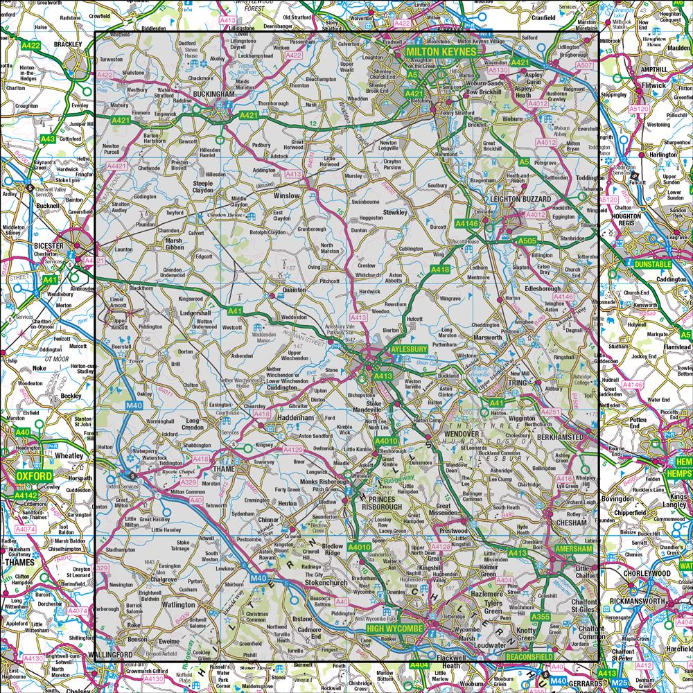 Outdoor Map Navigator image showing the area of the 1:50,000 scale Ordnance Survey Landranger map 165 Aylesbury & Leighton Buzzard Thame & Berkhamsted