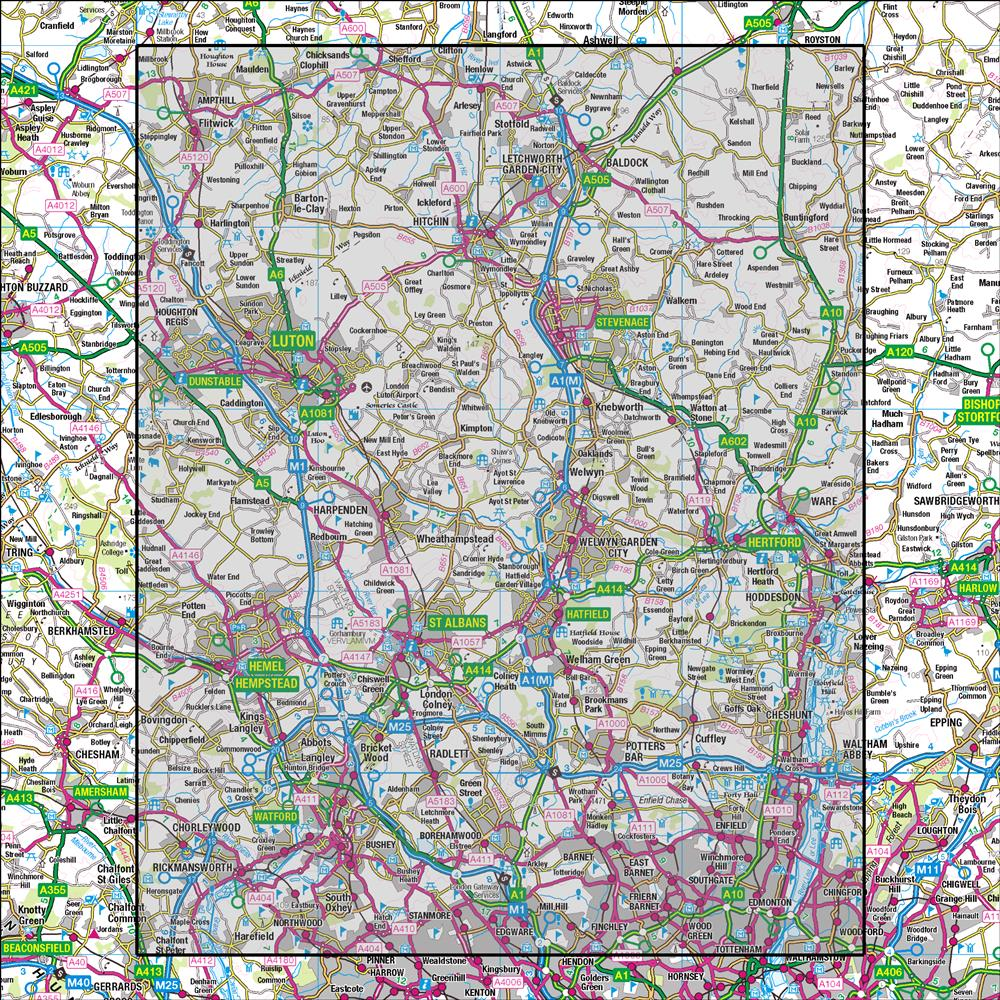 Outdoor Map Navigator image showing the area of the 1:50,000 scale Ordnance Survey Landranger map 166 Luton & Hertford Hitchin & St Albans