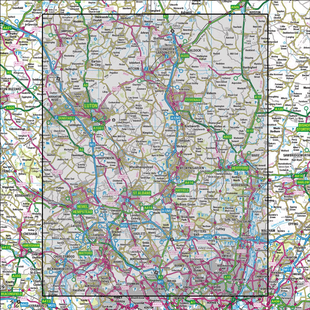 Outdoor Map Navigator image showing the area of the 1:50,000 scale Ordnance Survey Landranger map 166 Luton & Hertford Hitchin & St Albans