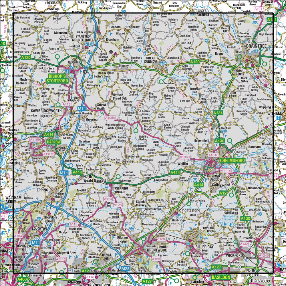 Outdoor Map Navigator image showing the area of the 1:50,000 scale Ordnance Survey Landranger map 167 Chelmsford Harlow & Bishop's Stortford