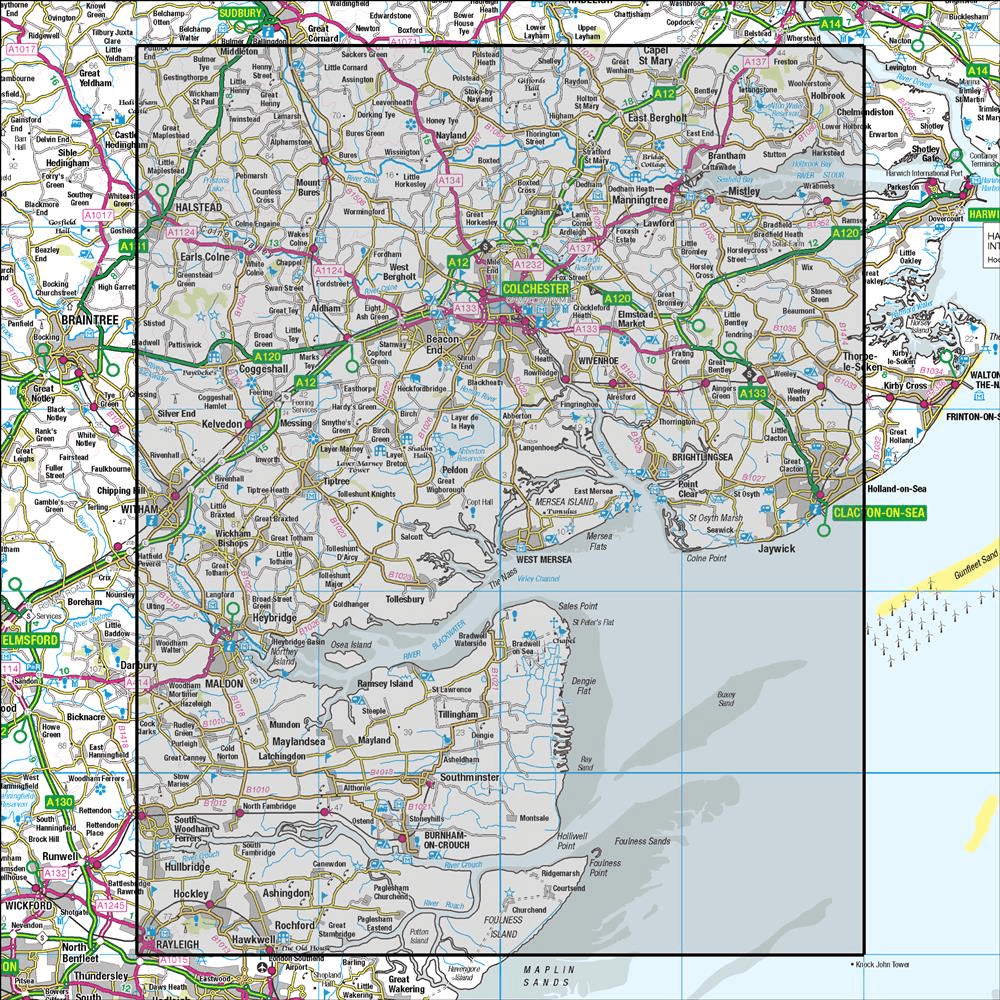 Outdoor Map Navigator image showing the area of the 1:50,000 scale Ordnance Survey Landranger map 168 Colchester Halstead & Maldon