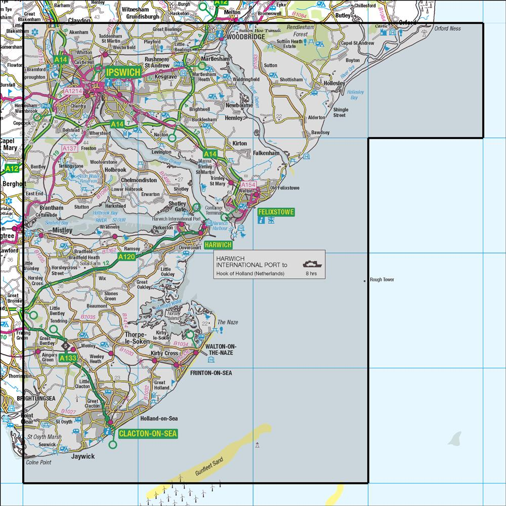 Outdoor Map Navigator image showing the area of the 1:50,000 scale Ordnance Survey Landranger map 169 Ipswich & The Naze Clacton-on-Sea