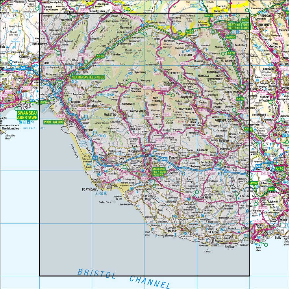 Outdoor Map Navigator image showing the area of the 1:50,000 scale Ordnance Survey Landranger map 170 Vale of Glamorgan West Porthcawl & Rhondda