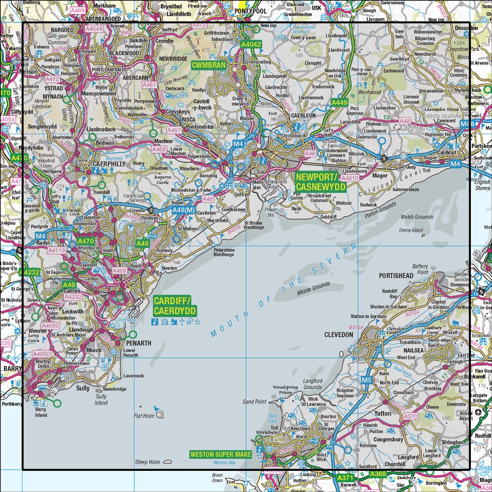 Outdoor Map Navigator image showing the area of the 1:50,000 scale Ordnance Survey Landranger map 171 Cardiff & Newport Pontypool