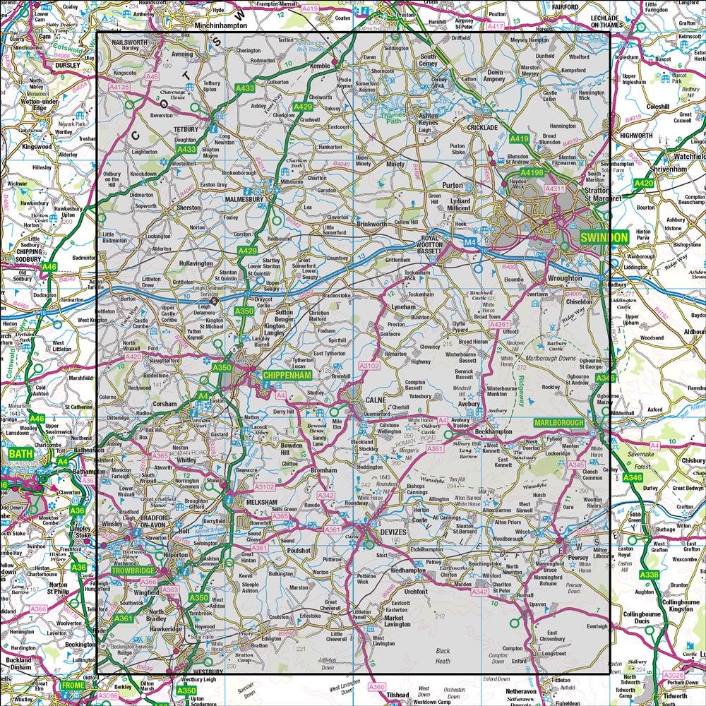 Outdoor Map Navigator image showing the area of the 1:50,000 scale Ordnance Survey Landranger map 173 Swindon & Devizes Marlborough & Trowbridge