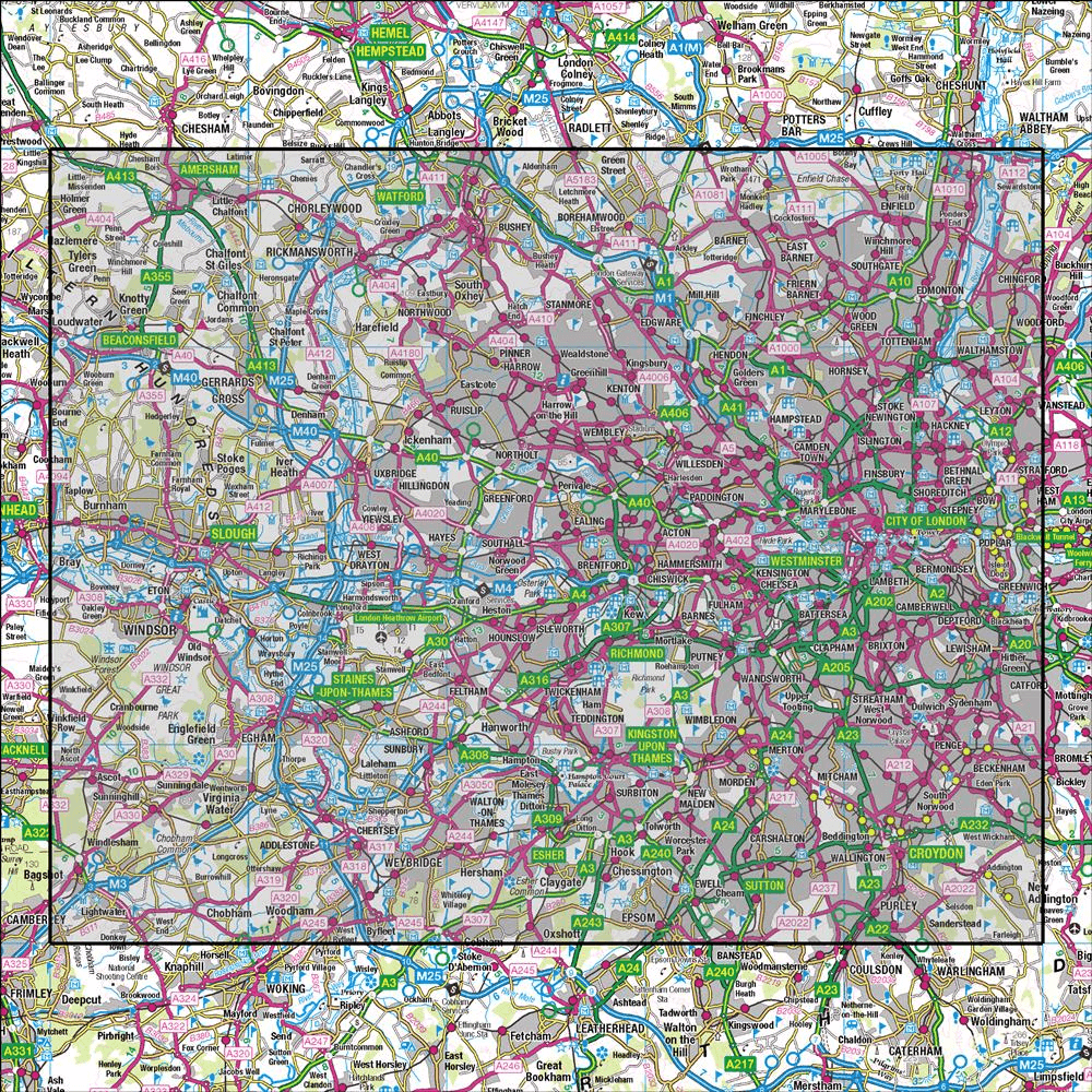 Outdoor Map Navigator image showing the area of the 1:50,000 scale Ordnance Survey Landranger map 176 West London Rickmansworth & Staines