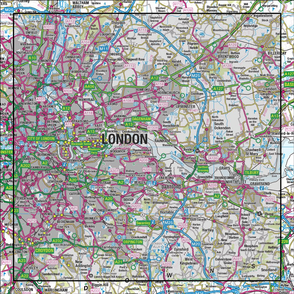 Outdoor Map Navigator image showing the area of the 1:50,000 scale Ordnance Survey Landranger map 177 East London Billericay & Gravesend