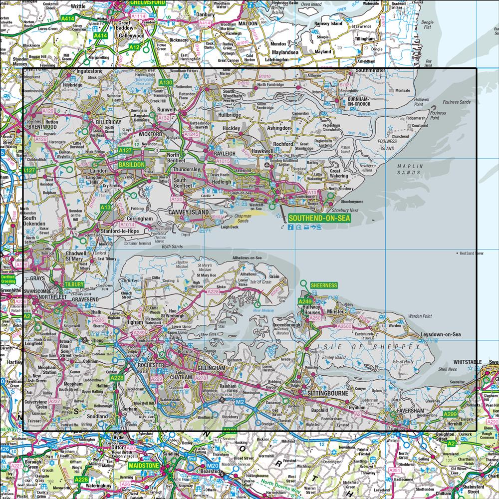 Outdoor Map Navigator image showing the area of the 1:50,000 scale Ordnance Survey Landranger map 178 Thames Estuary Rochester & Southend-on-Sea