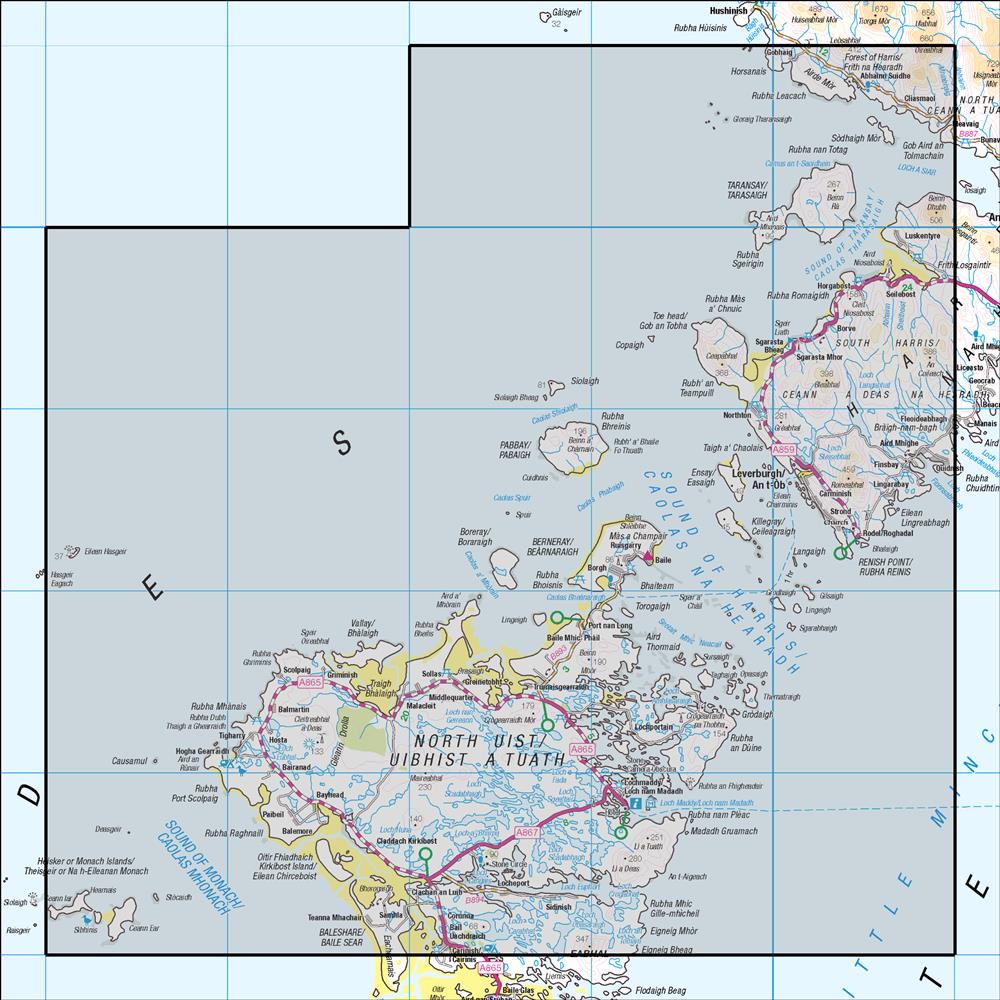 Outdoor Map Navigator image showing the area of the 1:50,000 scale Ordnance Survey Landranger map 18 Sound of Harris North Uist, Taransay & St Kilda