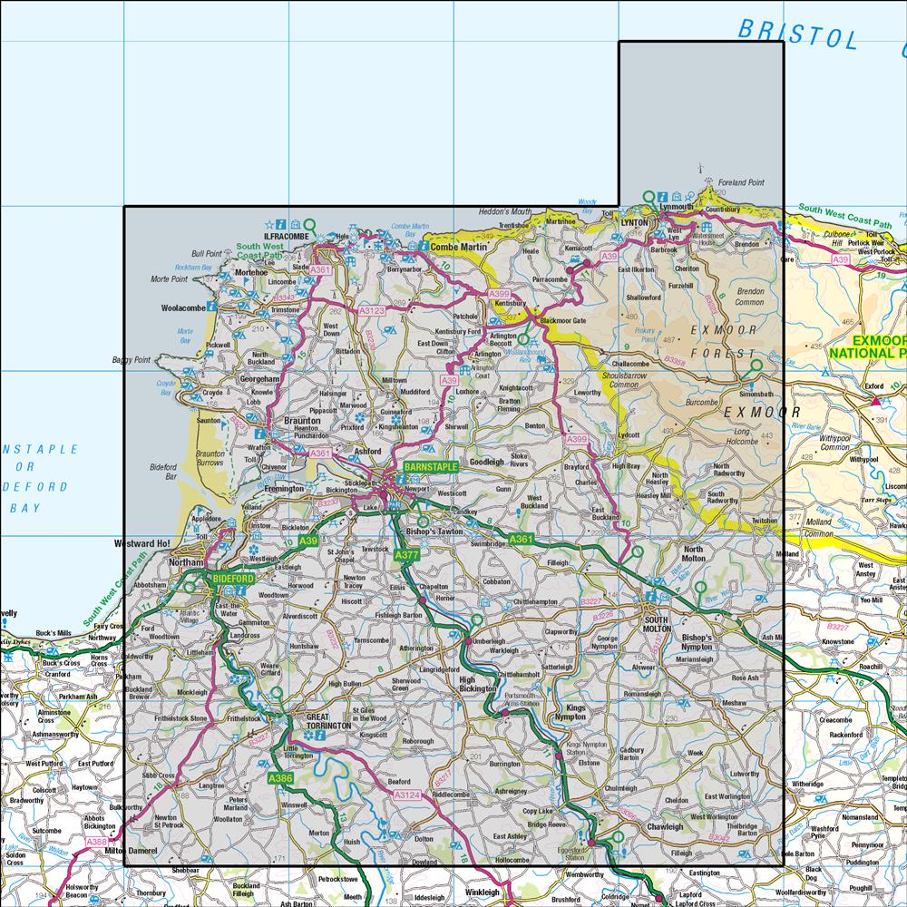Outdoor Map Navigator image showing the area of the 1:50,000 scale Ordnance Survey Landranger map 180 Barnstaple & Ilfracombe Lynton & Bideford
