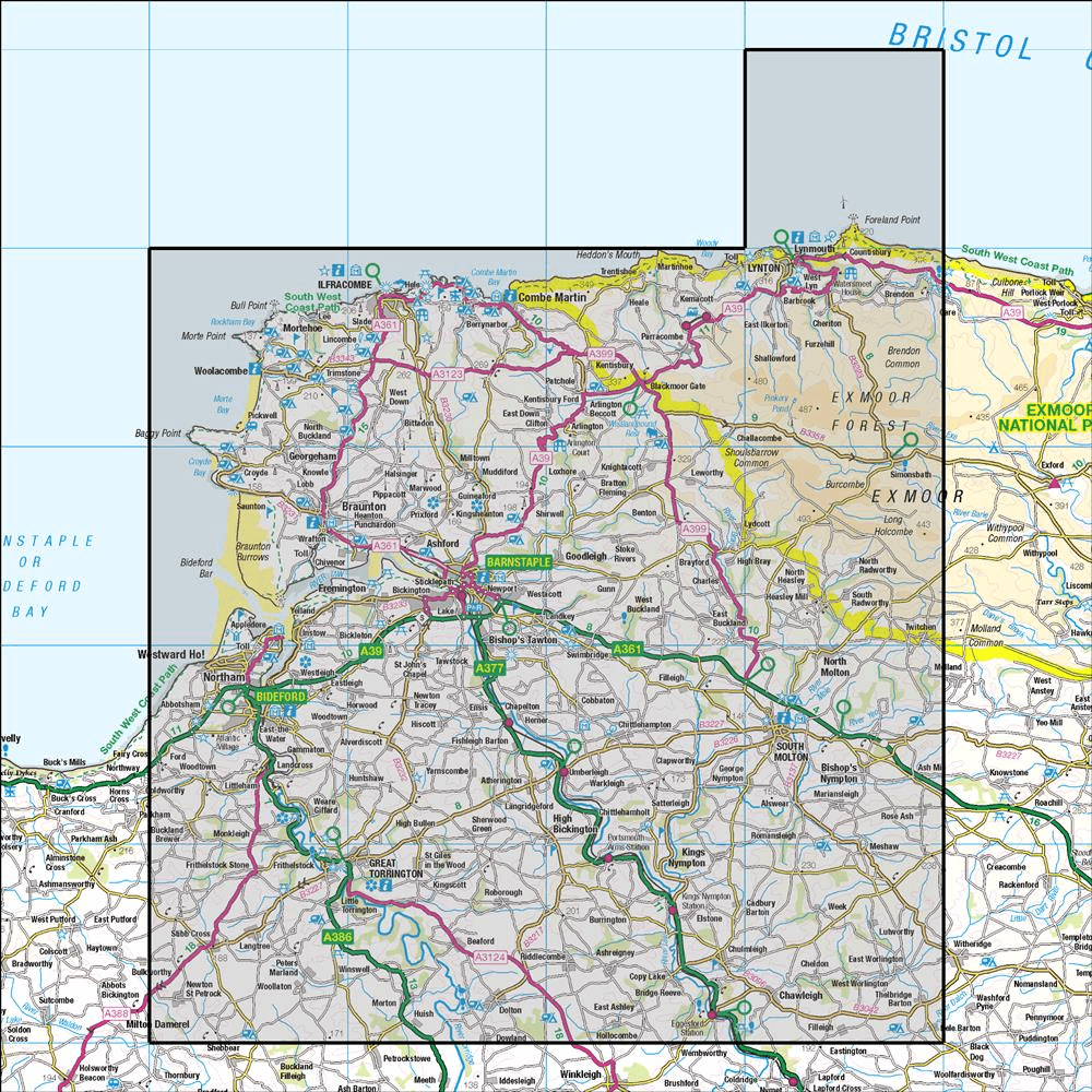 Outdoor Map Navigator image showing the area of the 1:50,000 scale Ordnance Survey Landranger map 180 Barnstaple & Ilfracombe Lynton & Bideford